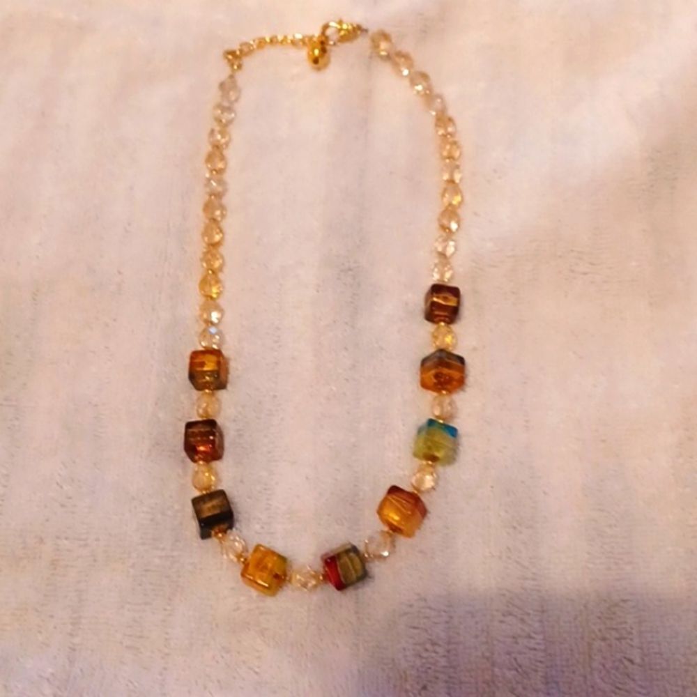 Y2K Crystal & Glass Square Beaded Necklace